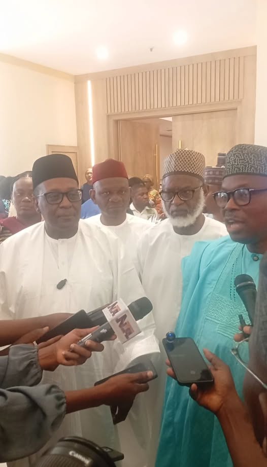 Coordinating Minister for Health and Social Welfare, Prof. Mohammad Ali Pate (left), Prof. Ismail Musa Jibrin, Chairman, National Emergency Medical Treatment Committee(NEMTEC)(middle) and Dr. Iziak Adekunle Salako, Honourable Minister of State for Health, speaking with press.